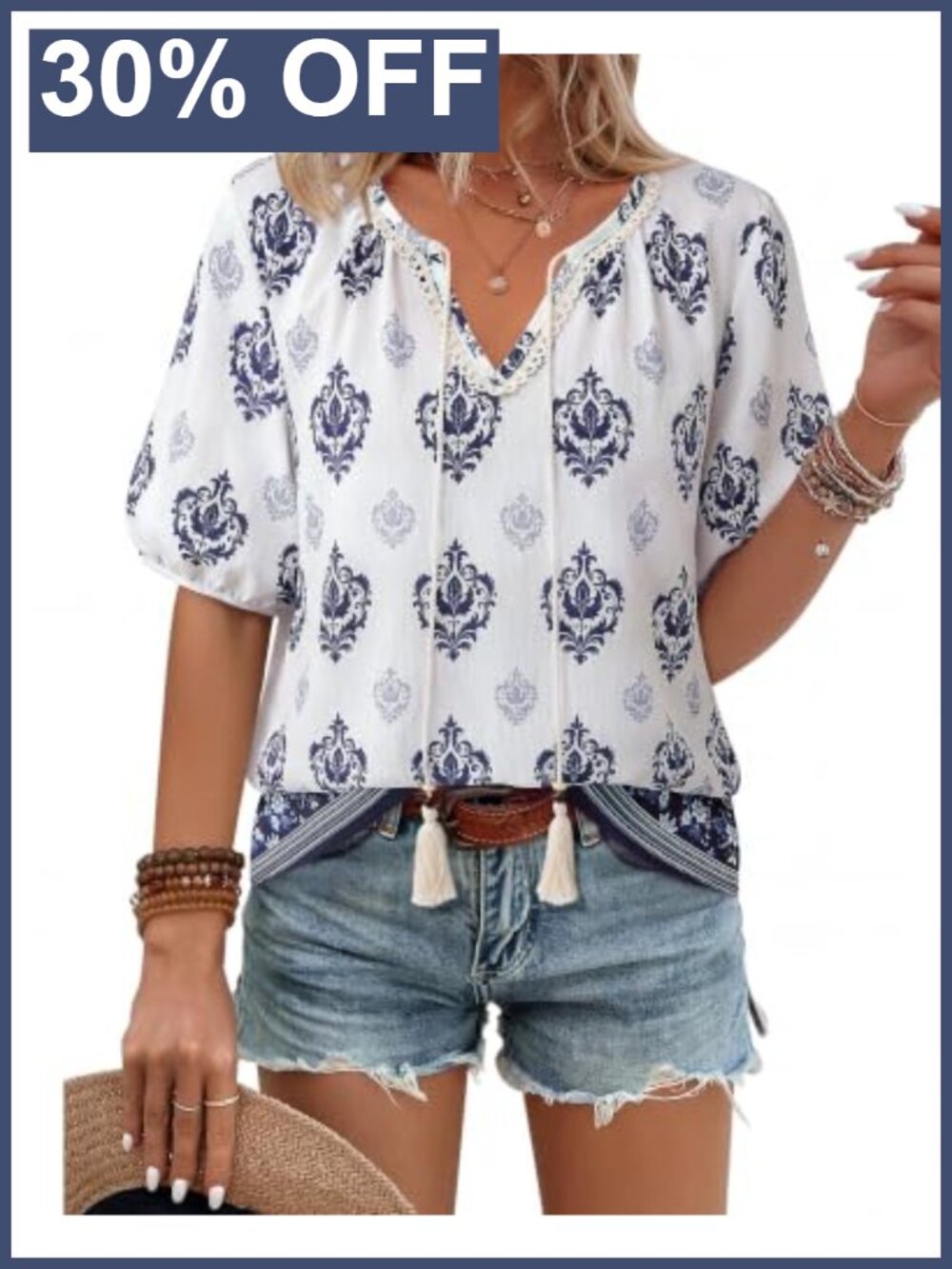 Womens Rayon Blend Boho Floral Peasant Blouse V Neck Lantern Sleeve Tie Front